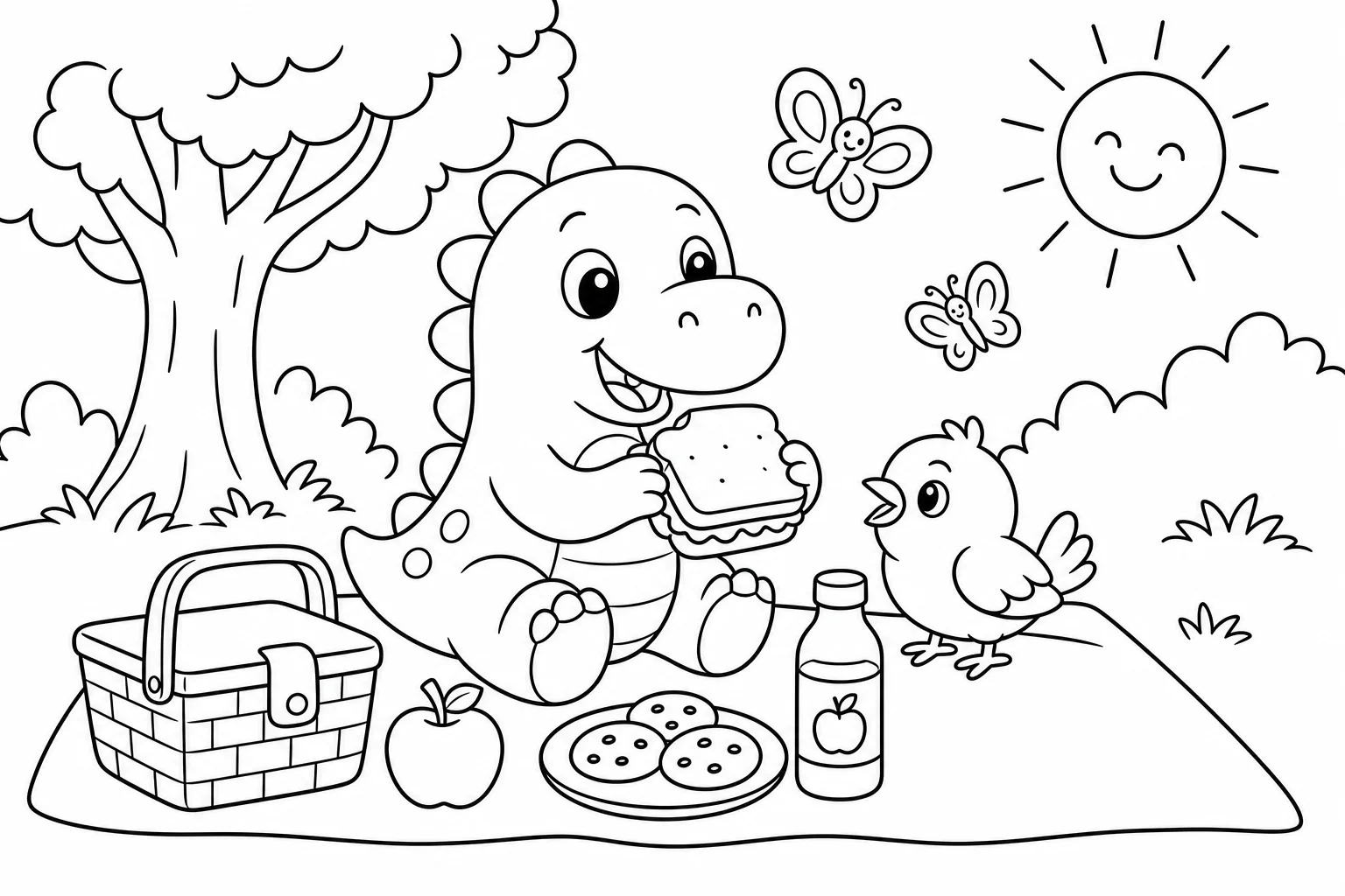 Dinosaurs picnic dino — classic dinosaurs coloring page (ages 5–10)