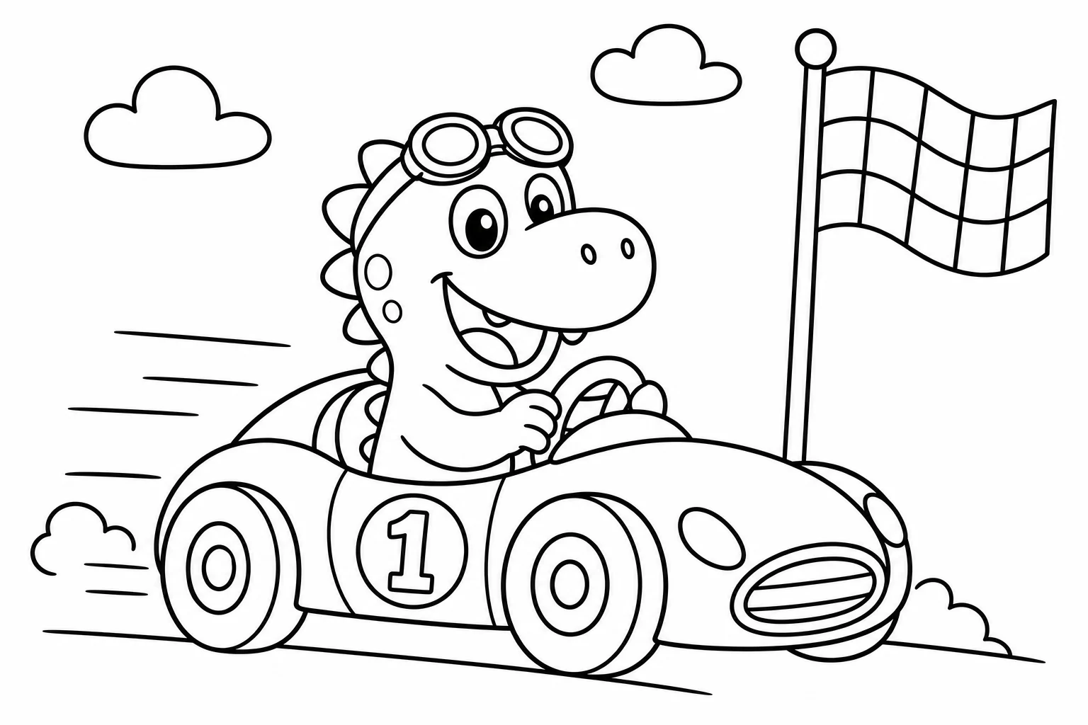 Dinosaurs race car dino — classic dinosaurs coloring page (ages 5–10)