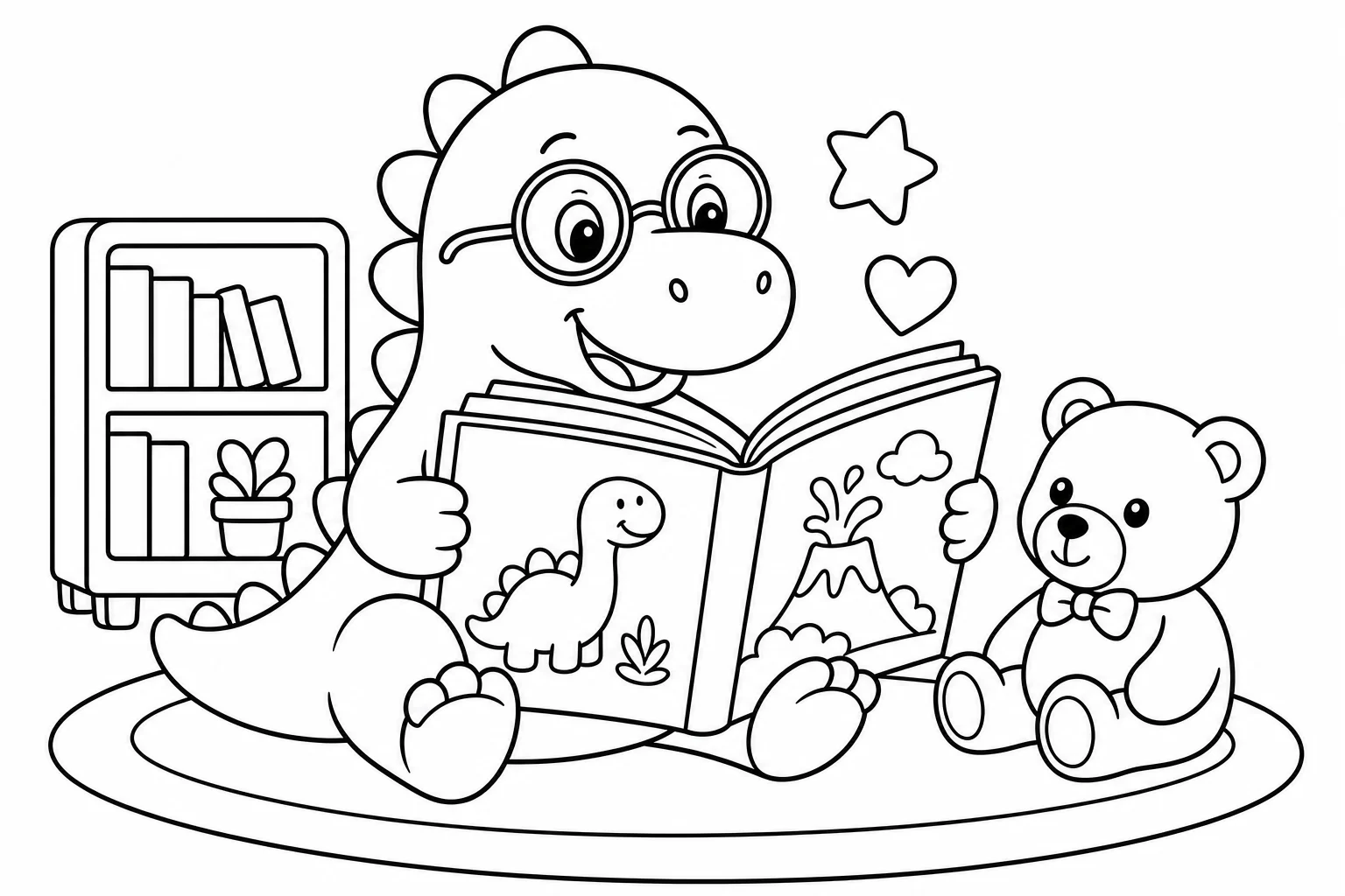 Dinosaurs reading dino — classic dinosaurs coloring page (ages 5–10)