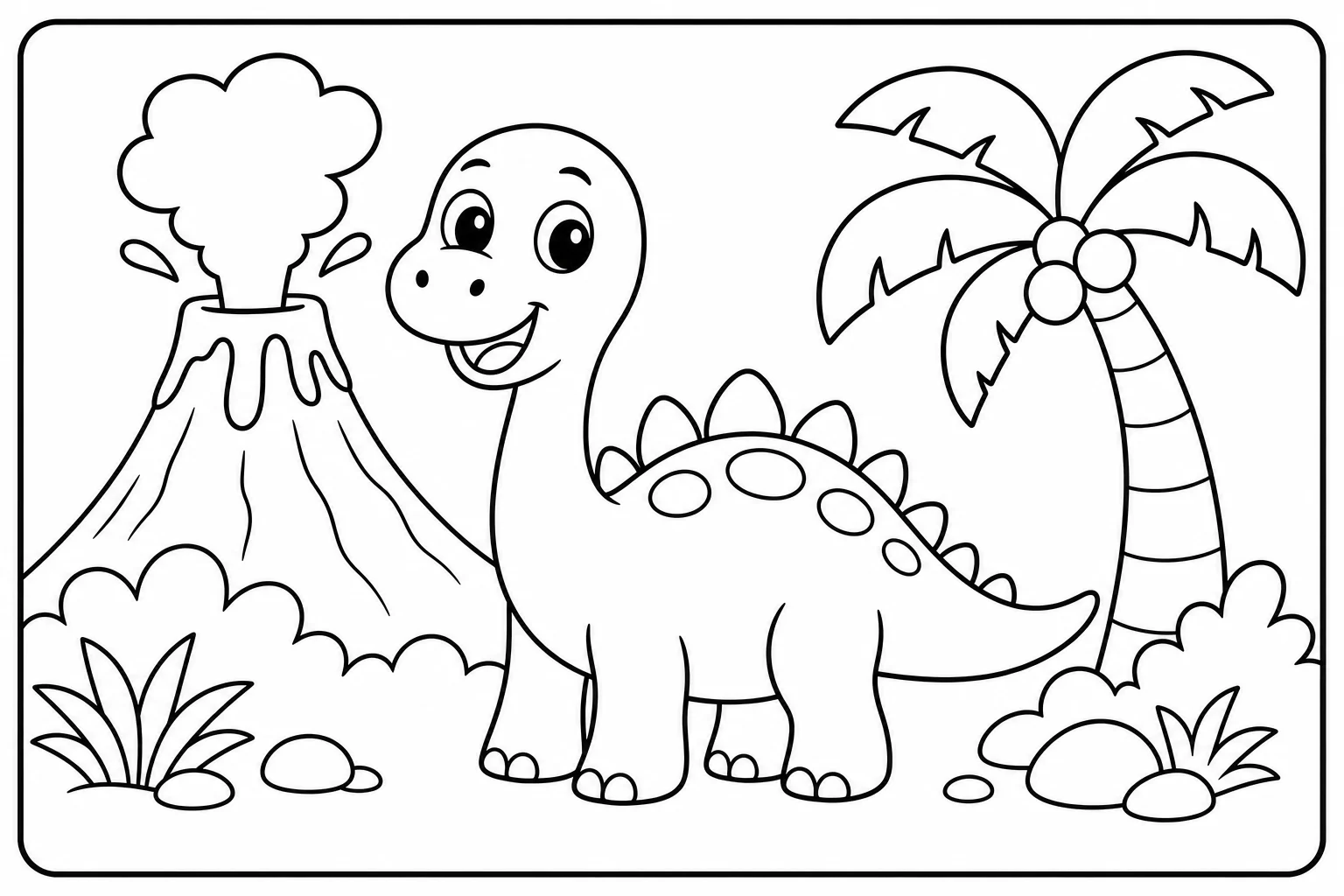 Dinosaurs with volcano — easy dinosaurs coloring page (ages 2–5)