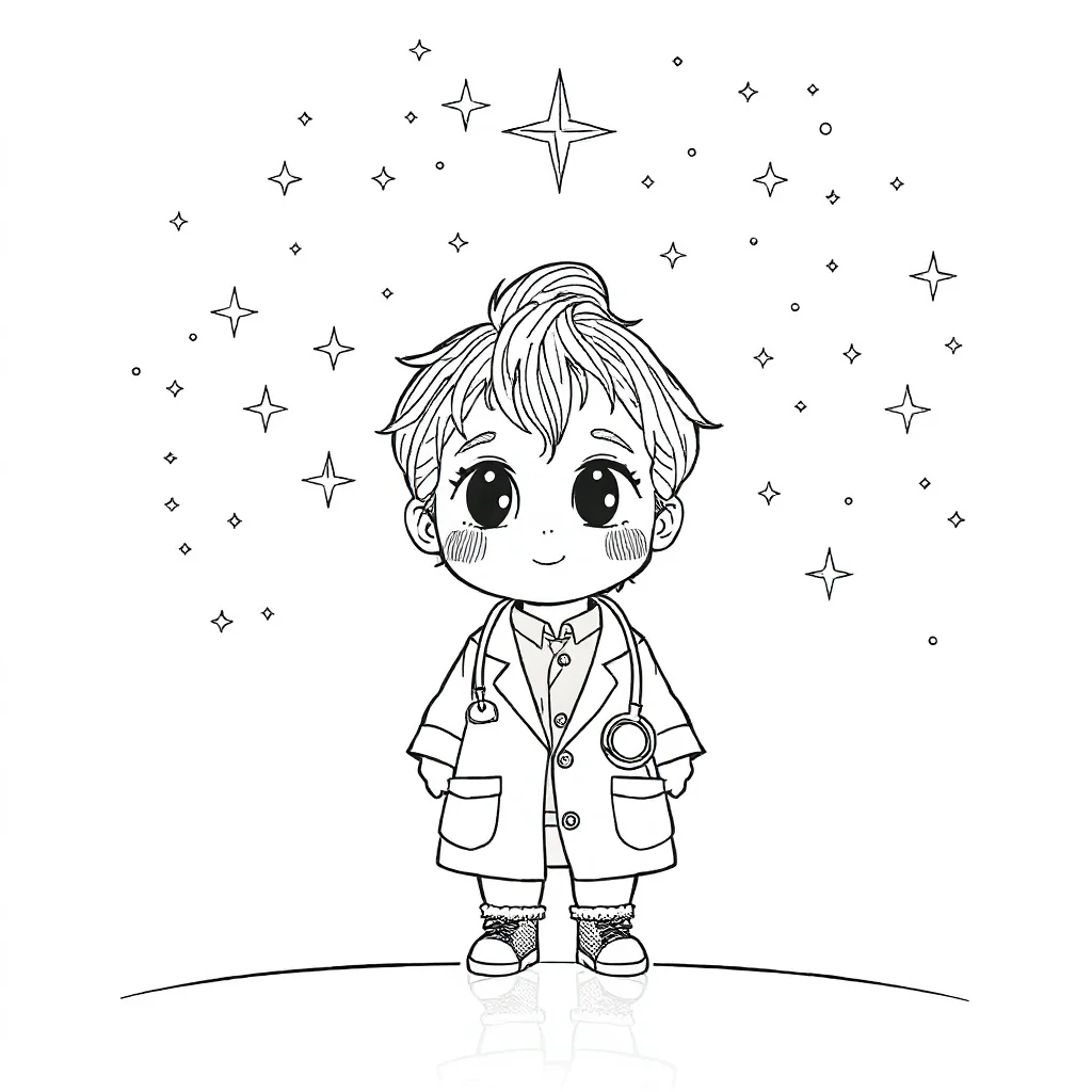 Doctors a cute doctor under the night sky with stars — detailed doctors coloring page (ages 9+ & adults)