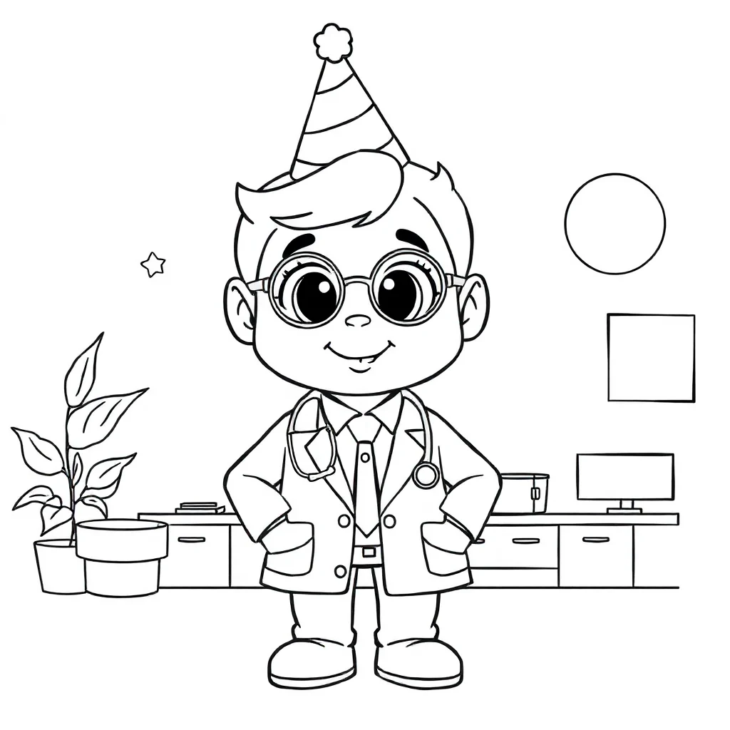 Doctors a cute doctor wearing a party hat — classic doctors coloring page (ages 5–10)