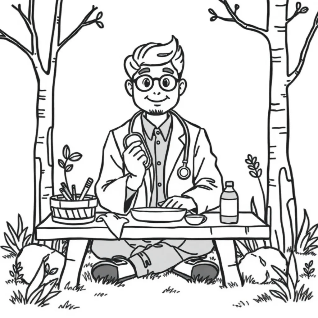 Doctors a doctor with a stethoscope having a picnic — classic doctors coloring page (ages 5–10)