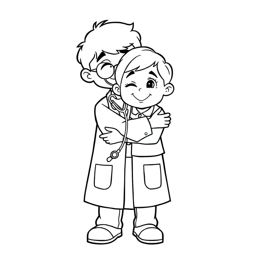 Doctors a doctor with a stethoscope hugging a friend — easy doctors coloring page (ages 2–5)