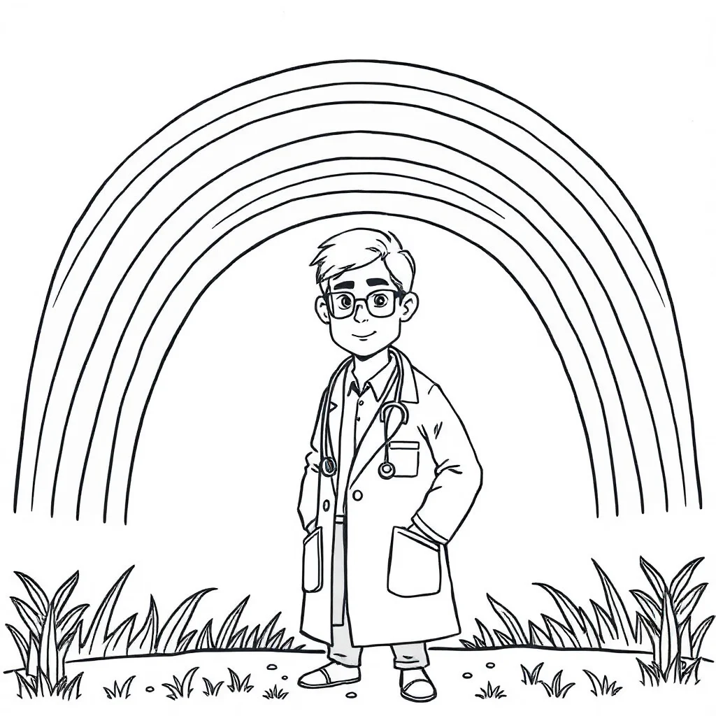 Doctors a doctor with a stethoscope under a rainbow — classic doctors coloring page (ages 5–10)