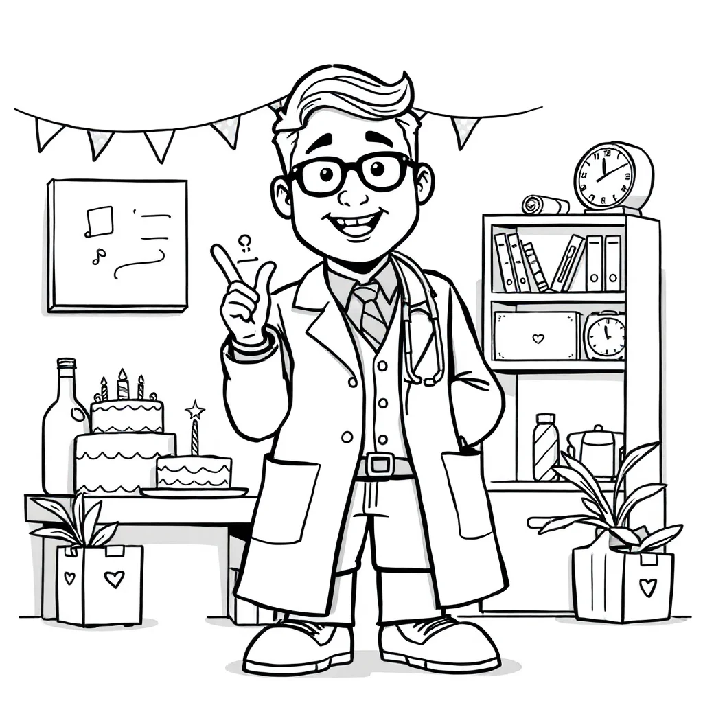 Doctors a friendly doctor celebrating a birthday — classic doctors coloring page (ages 5–10)