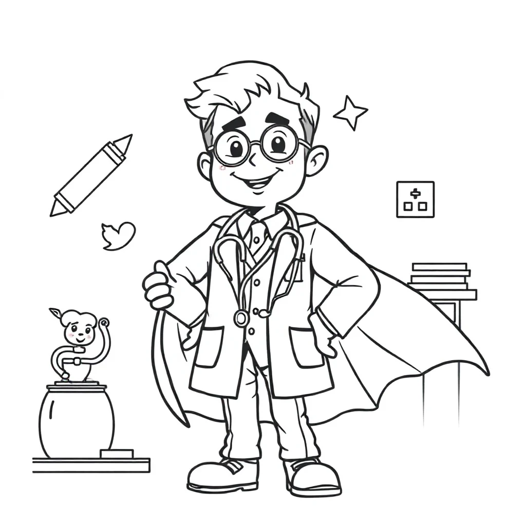 Doctors a friendly doctor in a superhero cape — classic doctors coloring page (ages 5–10)