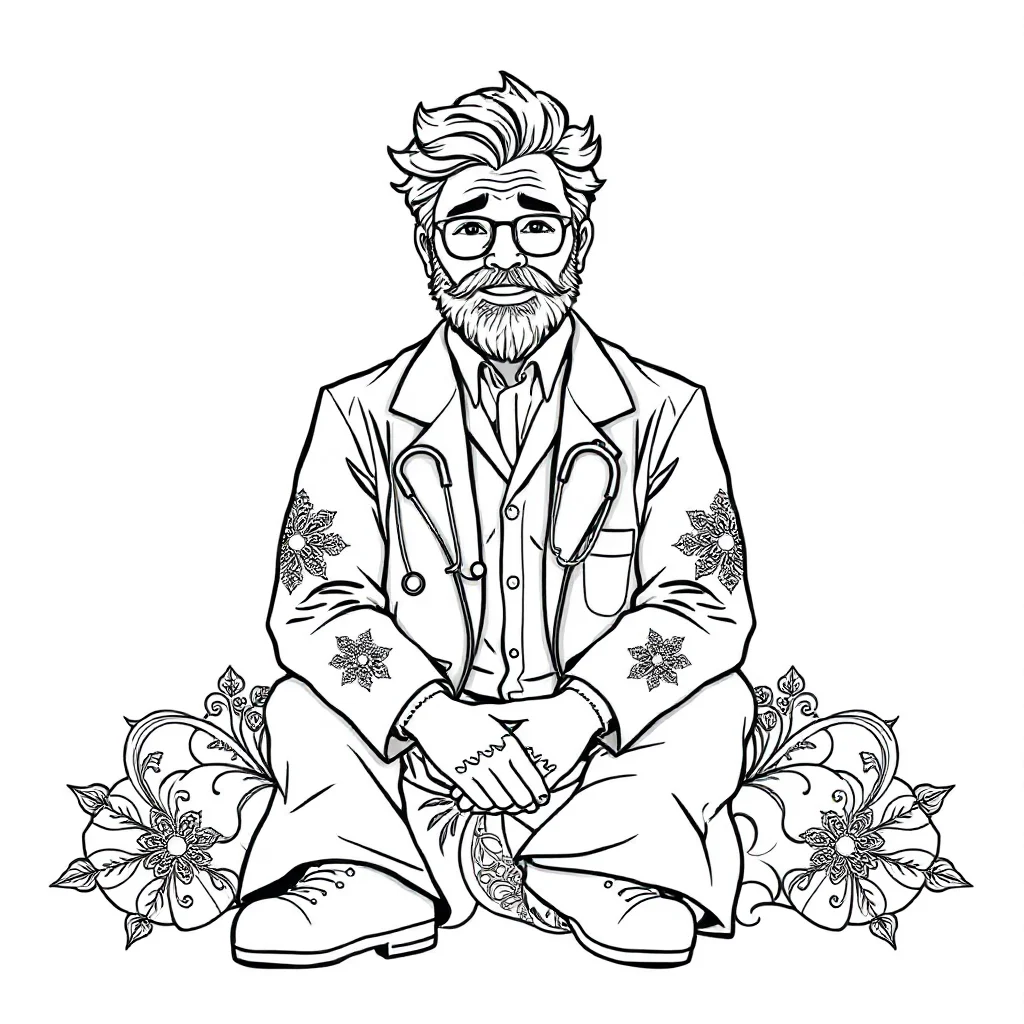 Doctors a friendly doctor sitting — detailed doctors coloring page (ages 9+ & adults)