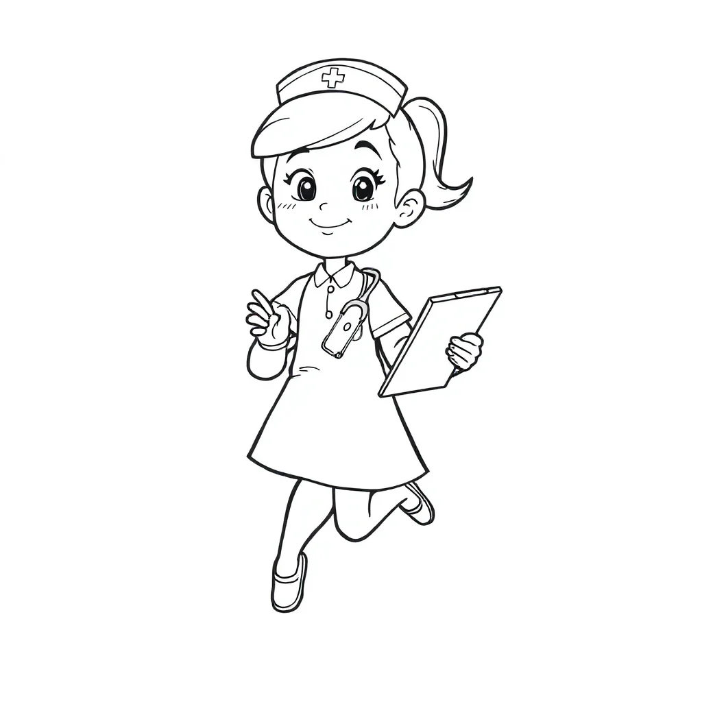 Doctors a nurse with a clipboard flying — easy doctors coloring page (ages 2–5)