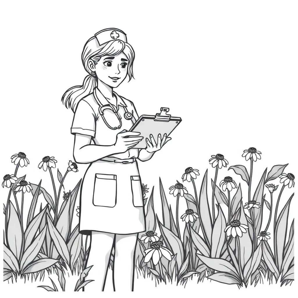 Doctors a nurse with a clipboard in a flower garden — classic doctors coloring page (ages 5–10)