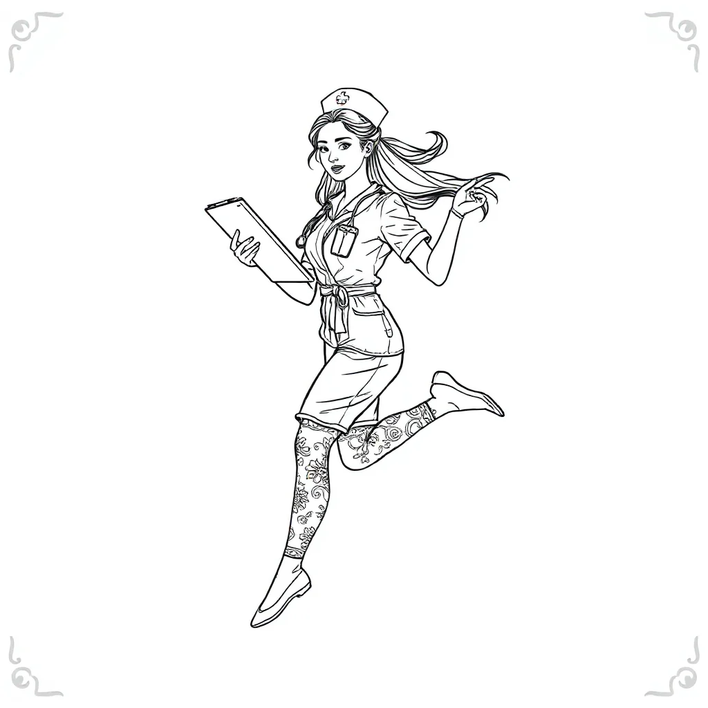 Doctors a nurse with a clipboard leaping mid air — detailed doctors coloring page (ages 9+ & adults)