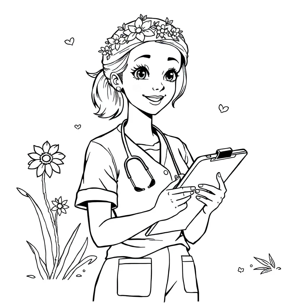 Doctors a nurse with a clipboard wearing a flower crown — classic doctors coloring page (ages 5–10)