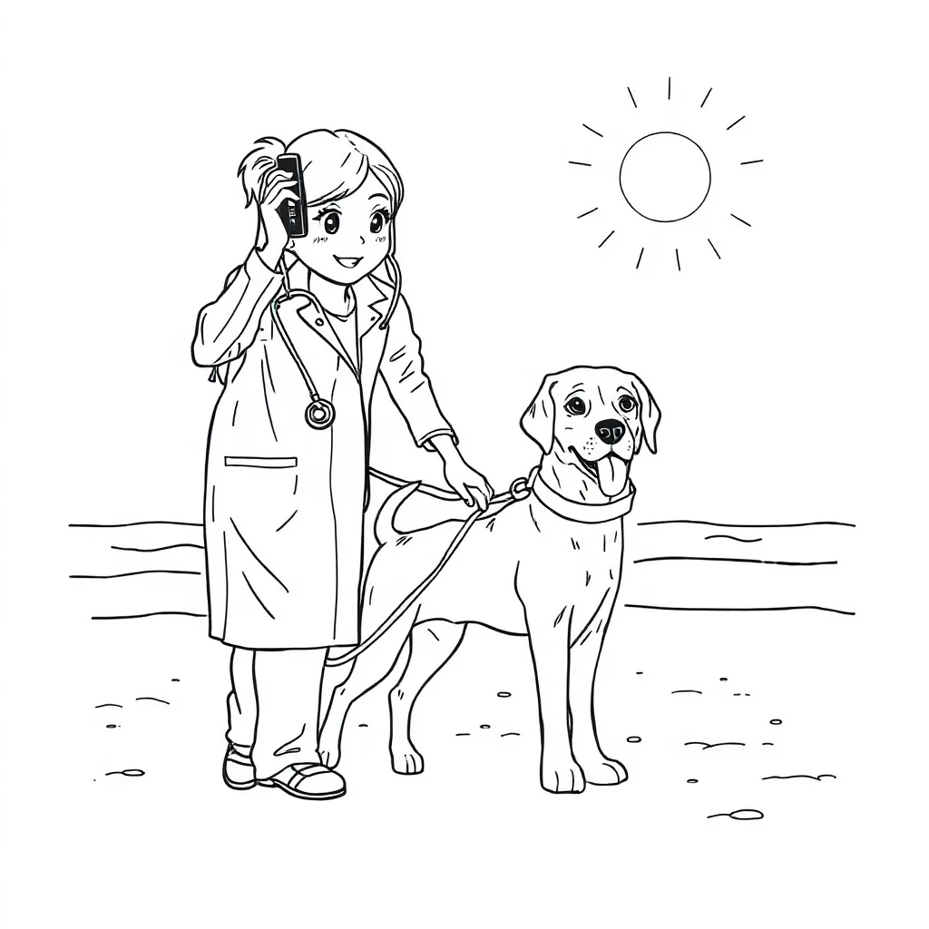 Doctors a vet with a pet on the beach — classic doctors coloring page (ages 5–10)