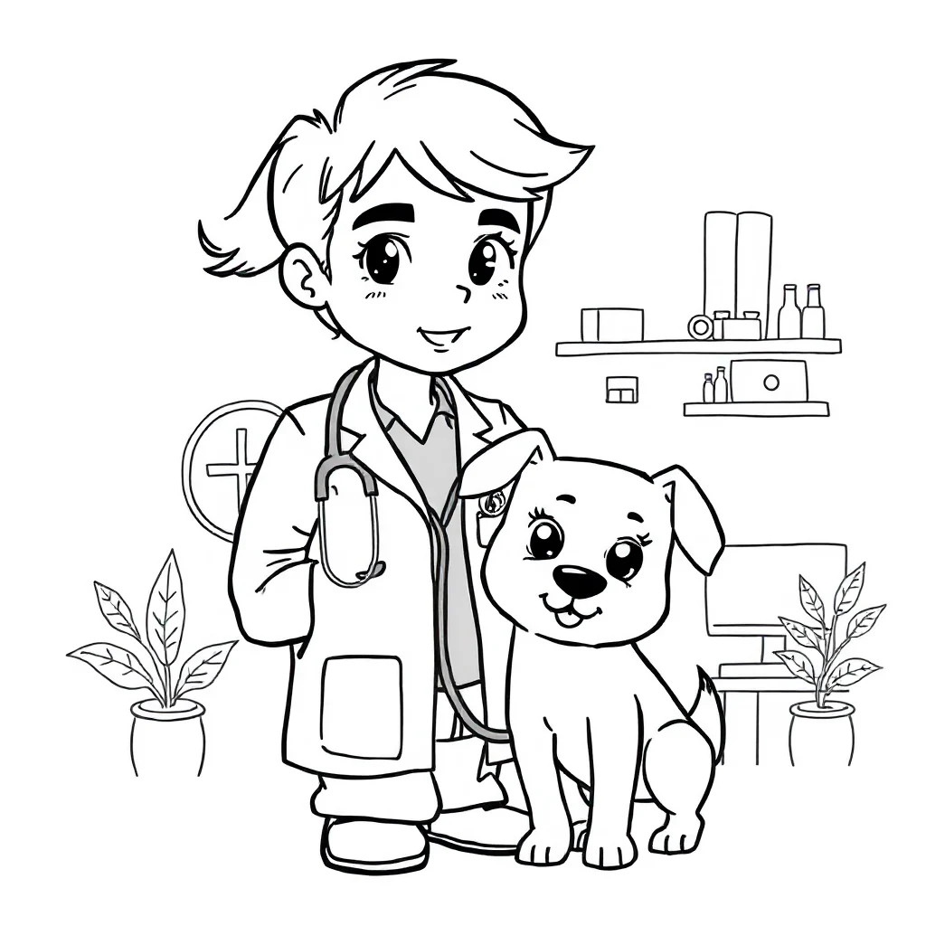Doctors a vet with a pet peeking from behind something — classic doctors coloring page (ages 5–10)