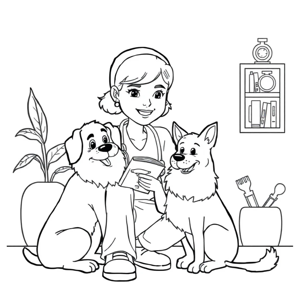 Doctors a vet with a pet reading a book — classic doctors coloring page (ages 5–10)