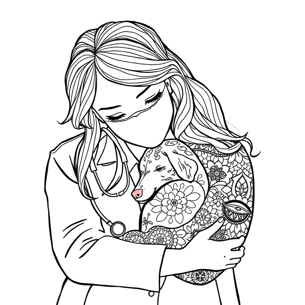 Doctors a vet with a pet sleeping curled up — detailed doctors coloring page (ages 9+ & adults)