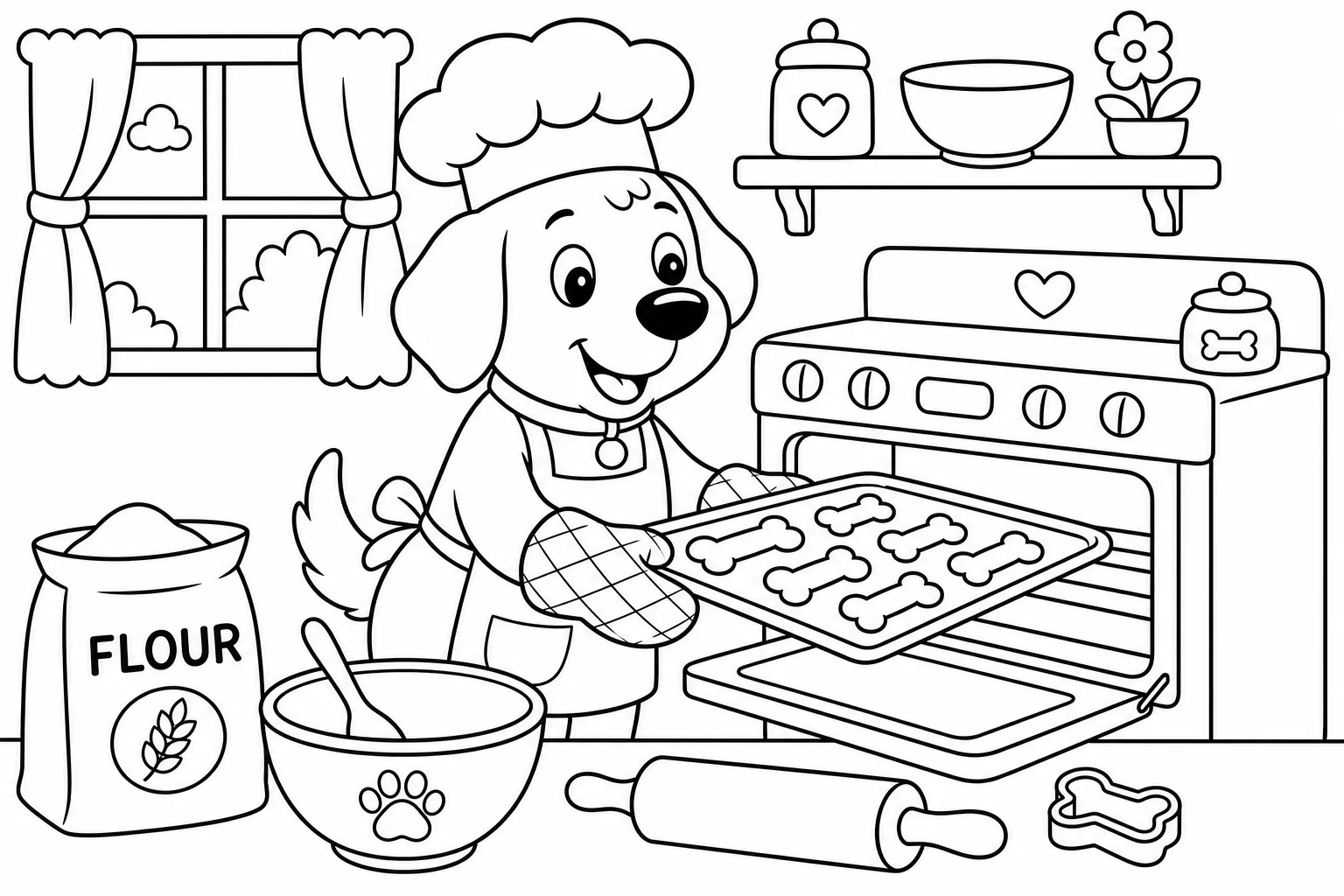 Dogs baker dog — classic dogs coloring page (ages 5–10)
