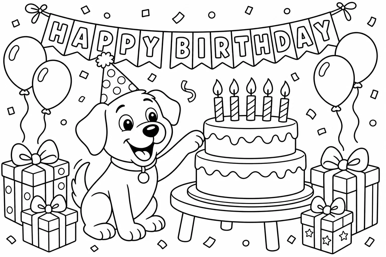 Dogs birthday dog — classic dogs coloring page (ages 5–10)