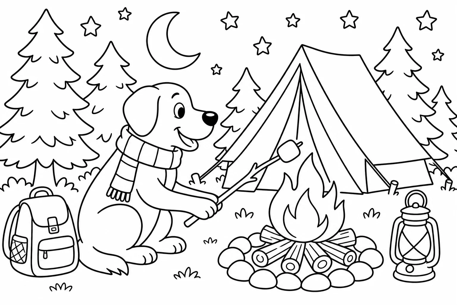 Dogs camping dog — classic dogs coloring page (ages 5–10)