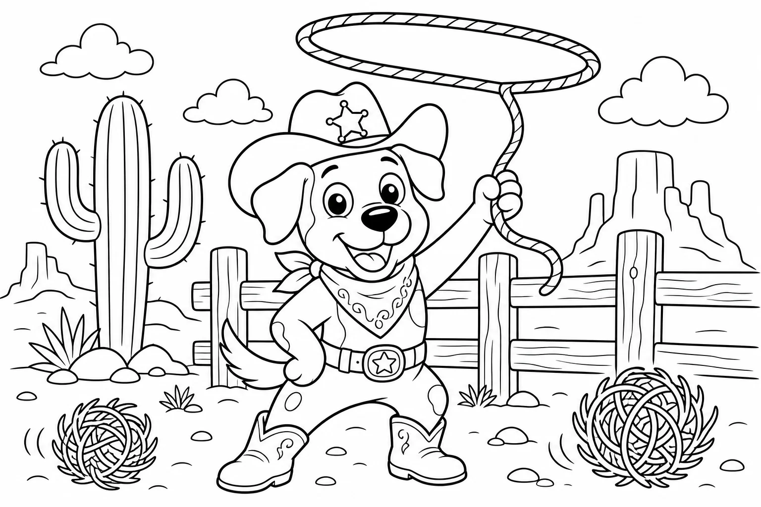 Dogs cowboy dog — classic dogs coloring page (ages 5–10)