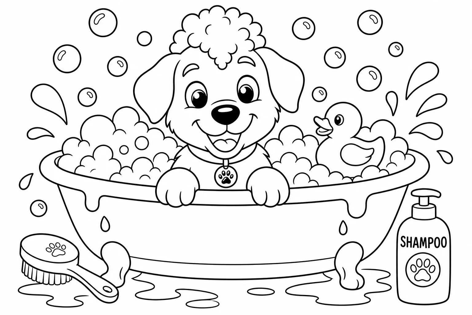 Dogs dog bath bubbles — classic dogs coloring page (ages 5–10)