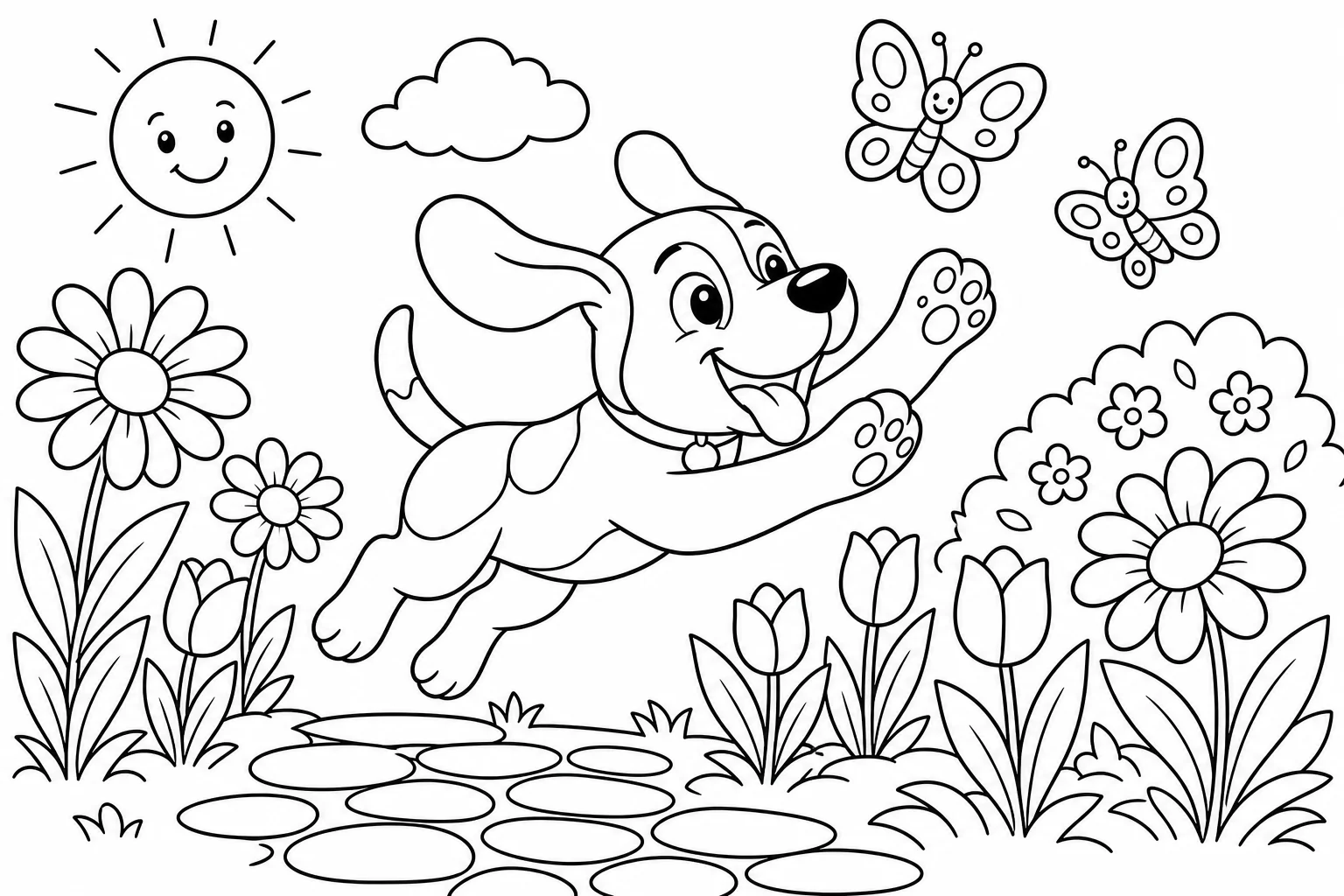 Dogs dog chasing butterflies — classic dogs coloring page (ages 5–10)