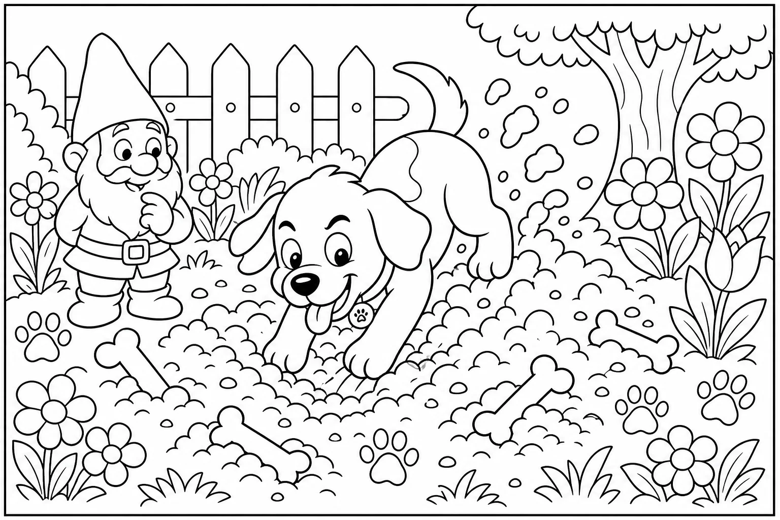 Dogs dog digging bones — classic dogs coloring page (ages 5–10)