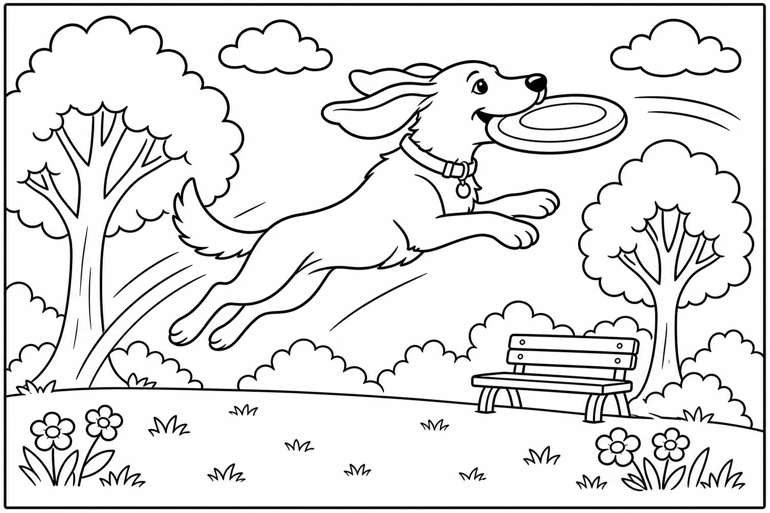 Dogs dog frisbee — classic dogs coloring page (ages 5–10)