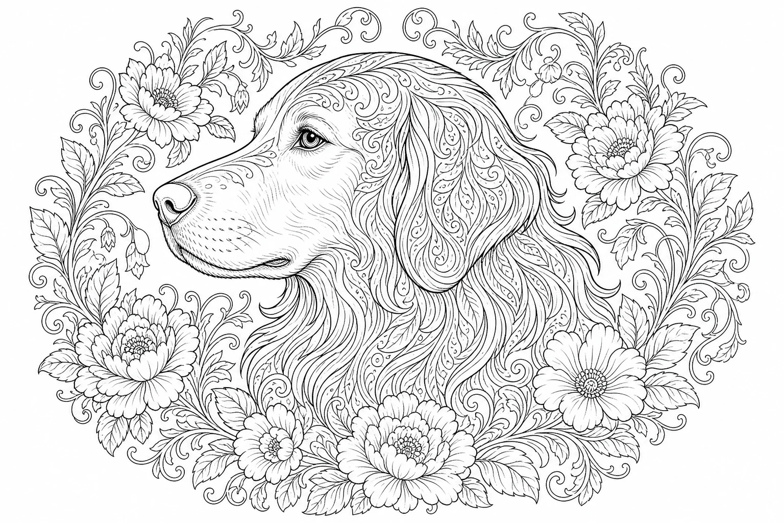 Dogs floral portrait — detailed dogs coloring page (ages 9+ & adults)