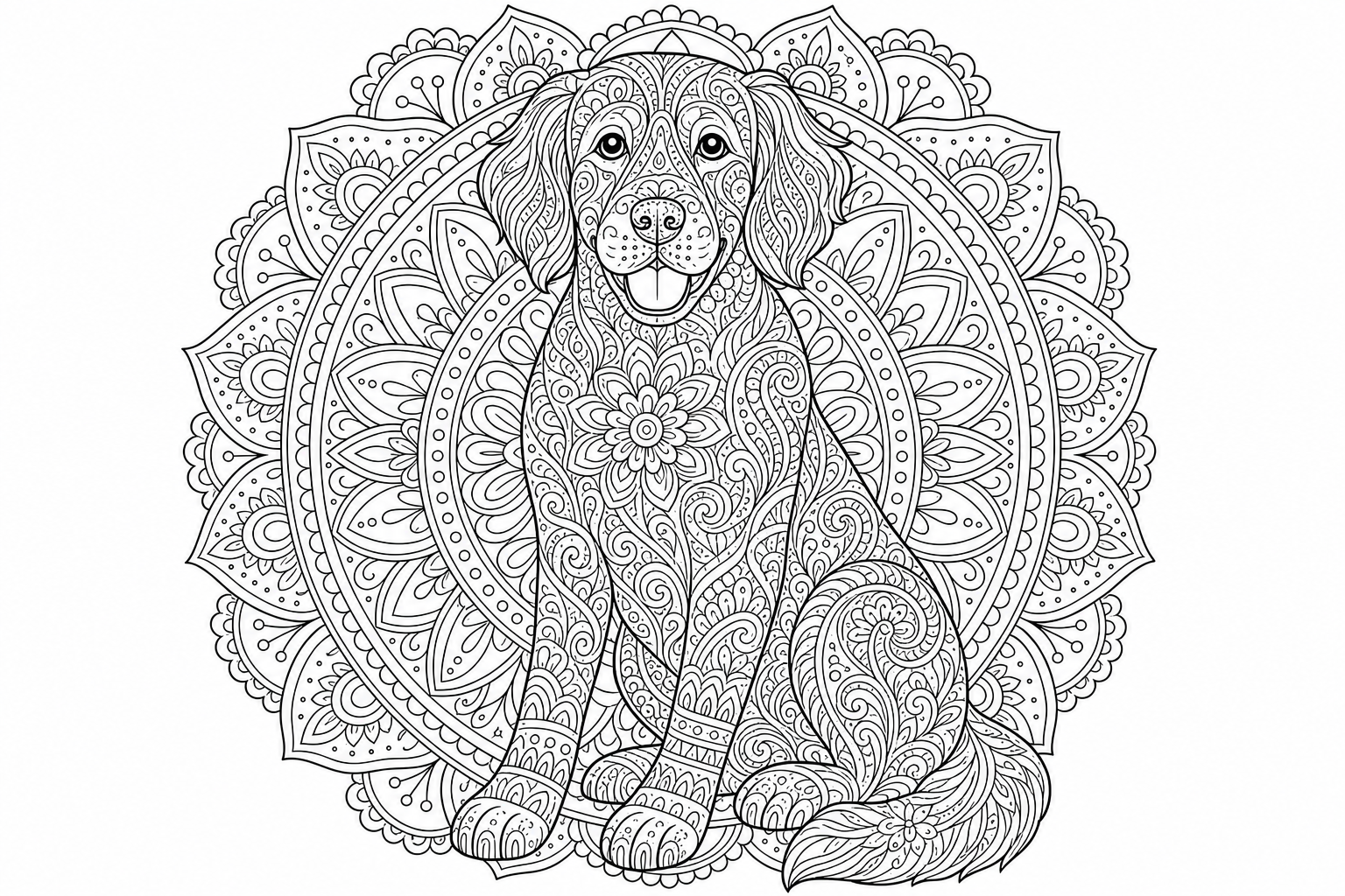 Dogs mandala — detailed dogs coloring page (ages 9+ & adults)