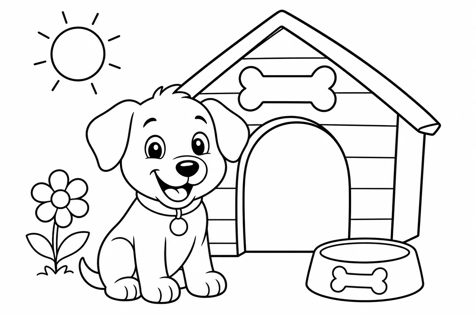 Dogs puppy doghouse — easy dogs coloring page (ages 2–5)