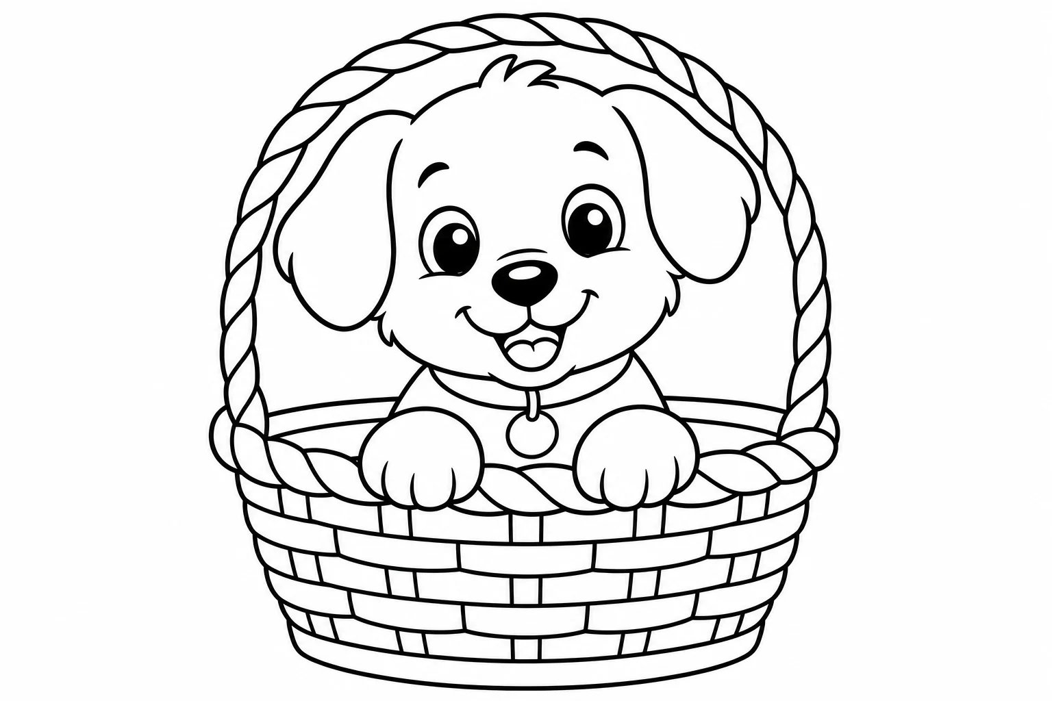 Dogs puppy in basket — easy dogs coloring page (ages 2–5)