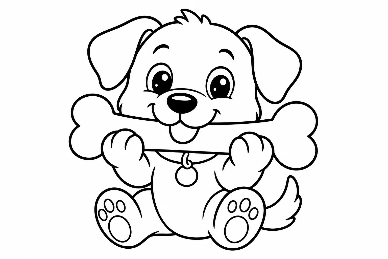 Dogs puppy with bone — easy dogs coloring page (ages 2–5)