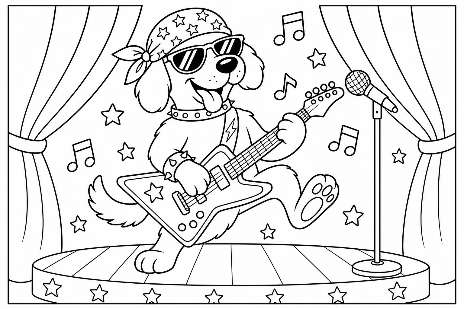 Dogs rockstar dog — classic dogs coloring page (ages 5–10)