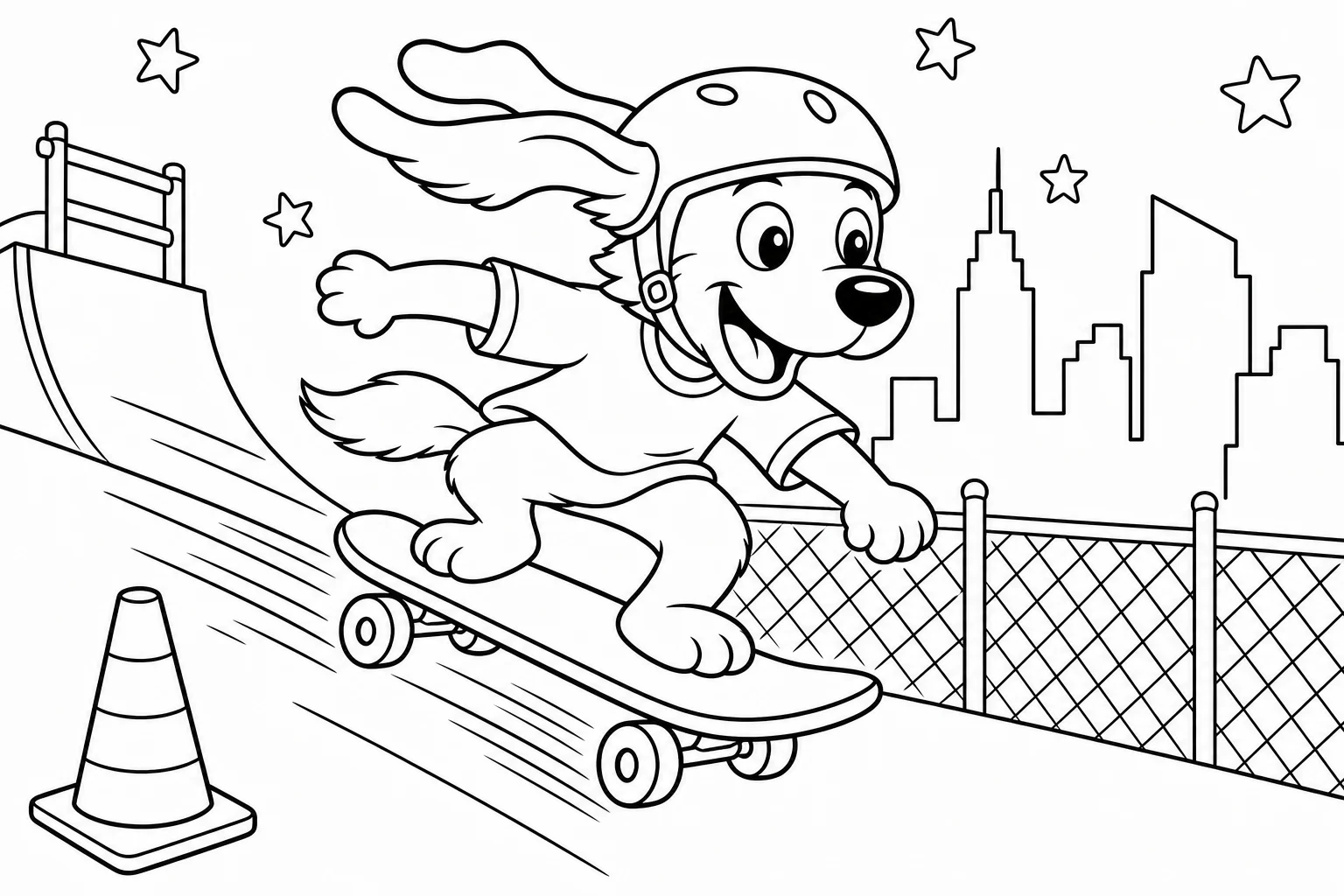 Dogs skateboard dog — classic dogs coloring page (ages 5–10)