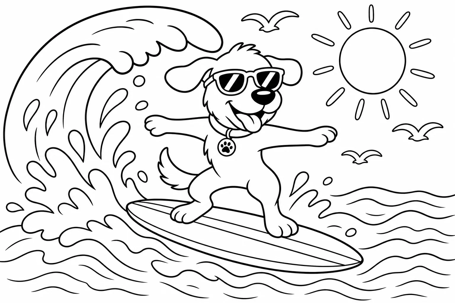 Dogs surfing dog — classic dogs coloring page (ages 5–10)