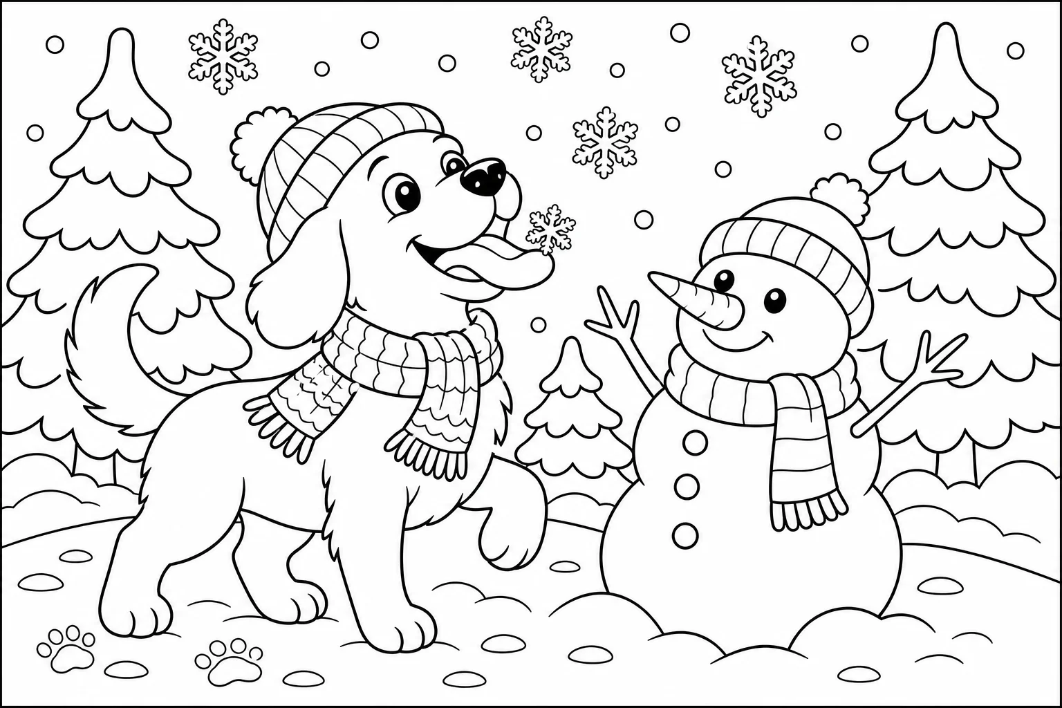 Dogs winter snow dog — classic dogs coloring page (ages 5–10)