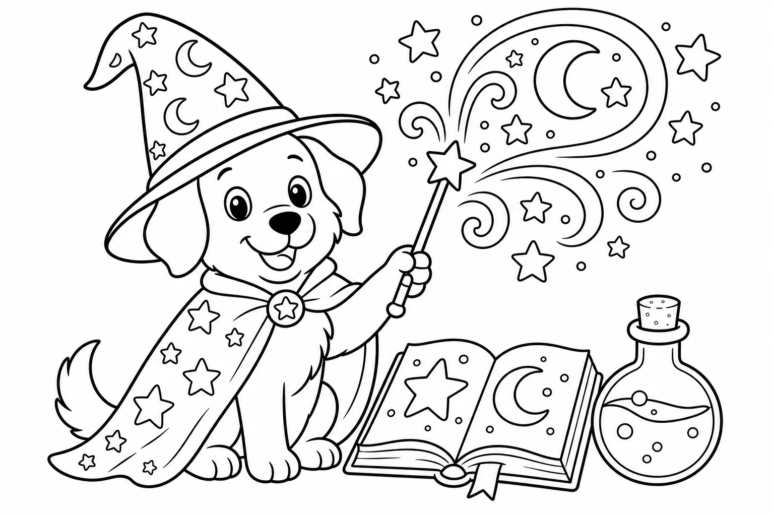 Dogs wizard dog — classic dogs coloring page (ages 5–10)