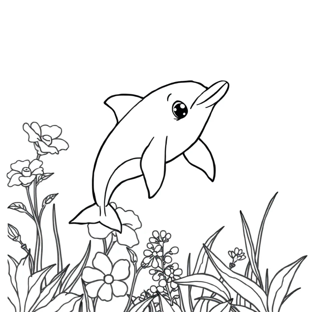 Dolphins a cute dolphin in a flower garden — classic dolphins coloring page (ages 5–10)