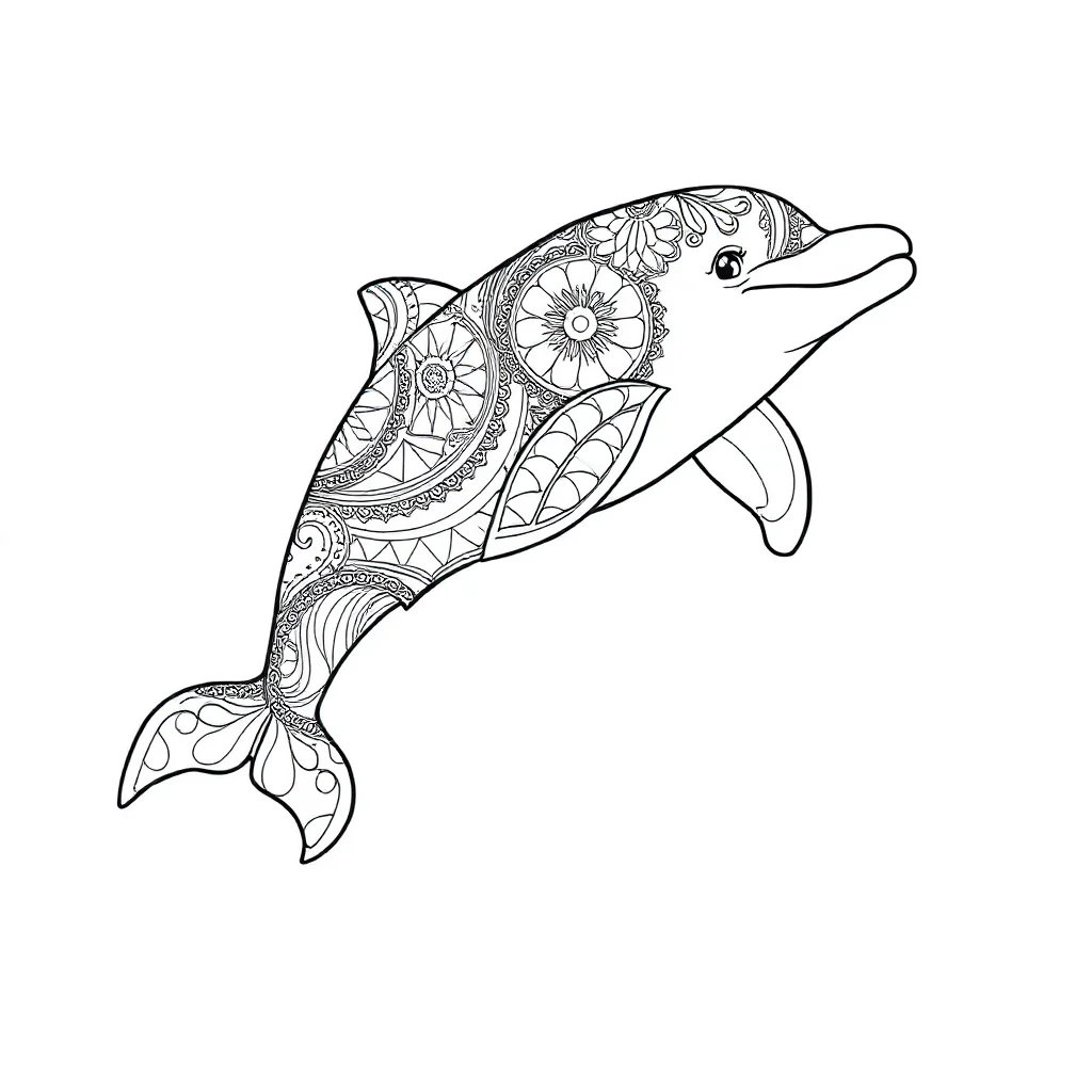 Dolphins a cute dolphin leaping mid air — detailed dolphins coloring page (ages 9+ & adults)