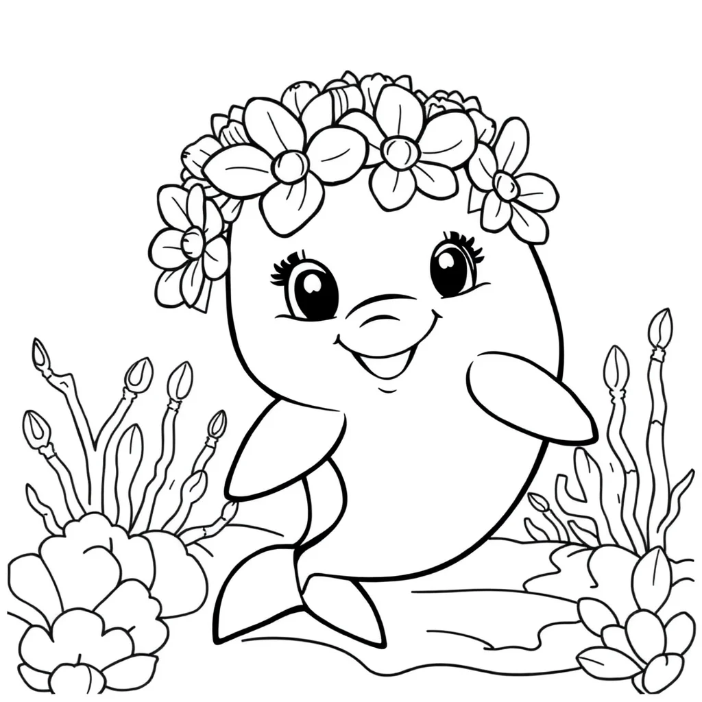 Dolphins a cute dolphin wearing a flower crown — classic dolphins coloring page (ages 5–10)