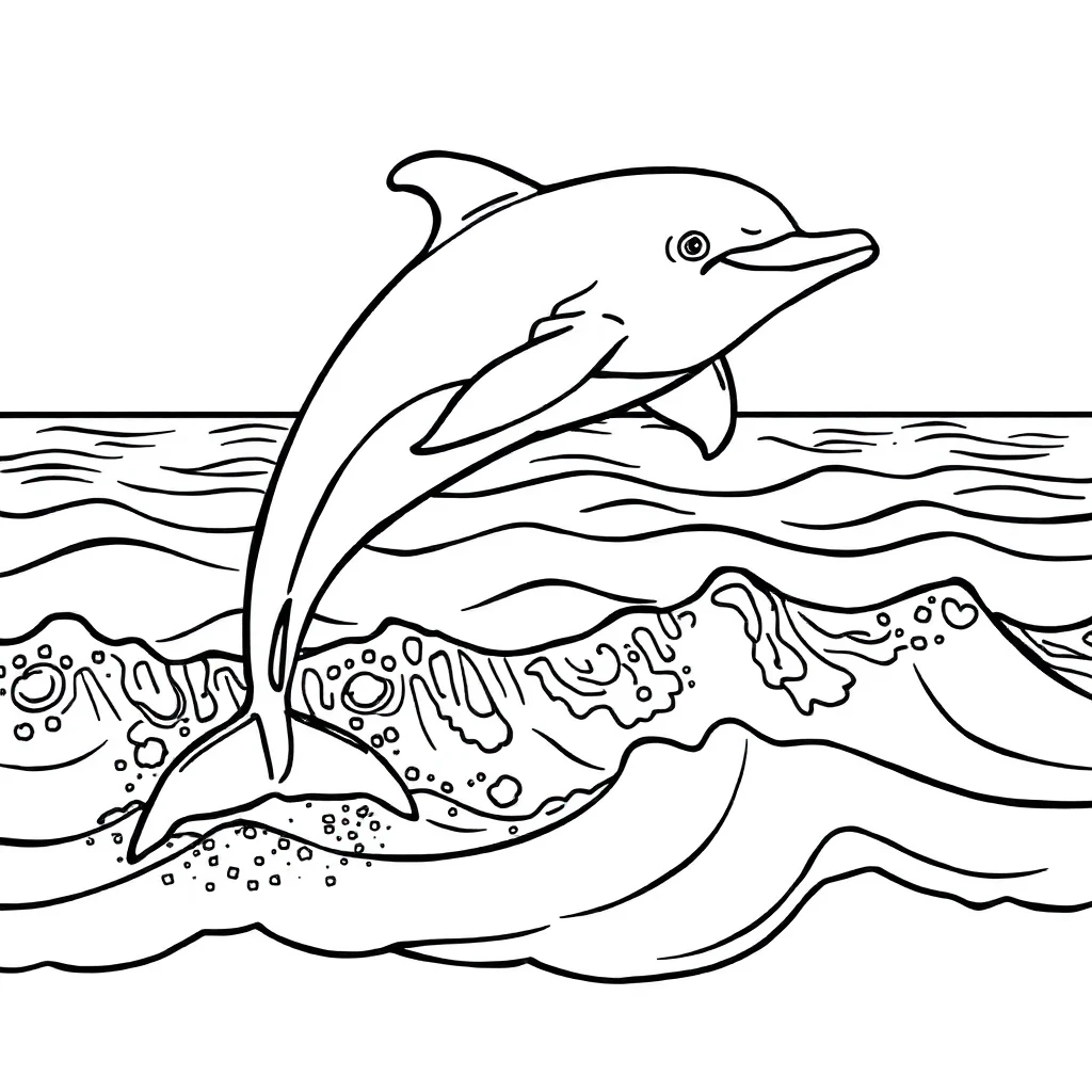 Dolphins a dolphin over waves on the beach — classic dolphins coloring page (ages 5–10)
