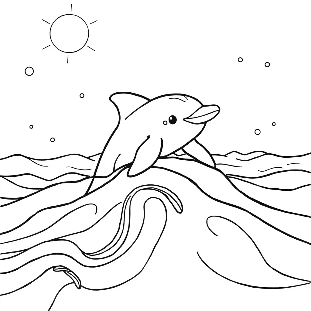 Dolphins a dolphin over waves peeking from behind something — classic dolphins coloring page (ages 5–10)