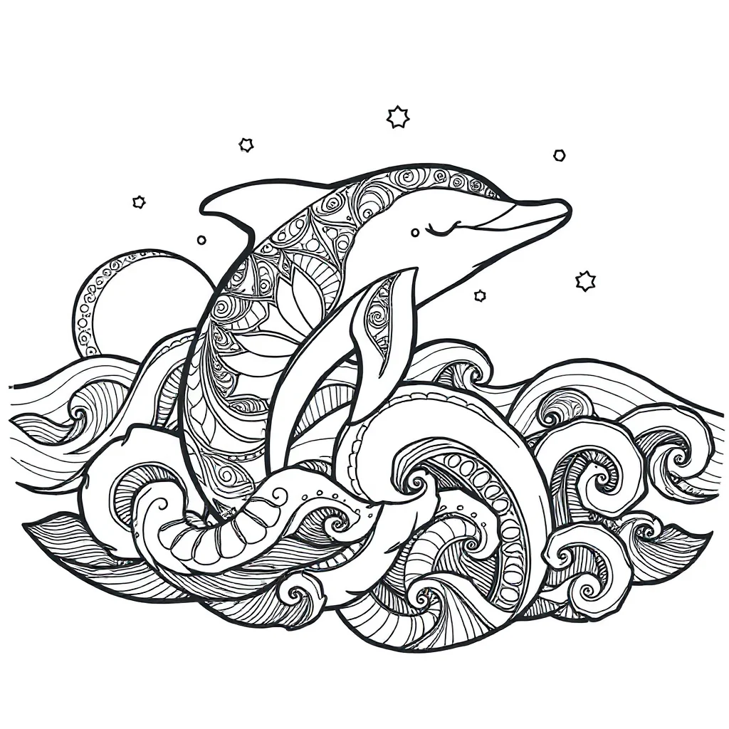 Dolphins a dolphin over waves sleeping curled up — detailed dolphins coloring page (ages 9+ & adults)