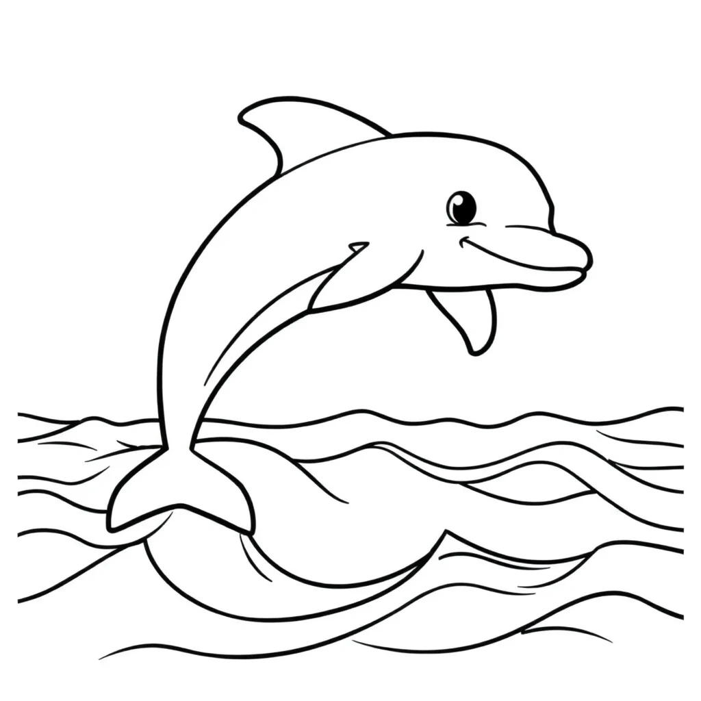 Dolphins a dolphin over waves — easy dolphins coloring page (ages 2–5)