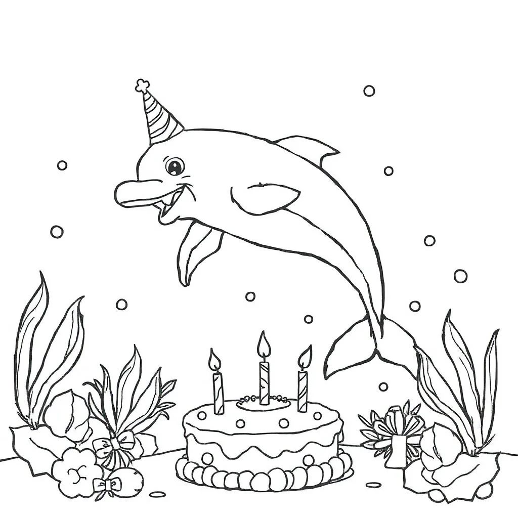 Dolphins a jumping dolphin celebrating a birthday — classic dolphins coloring page (ages 5–10)