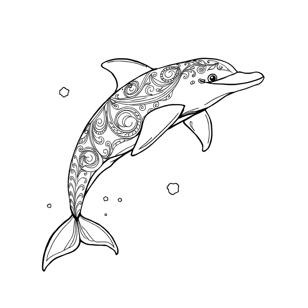 Dolphins a jumping dolphin sitting — detailed dolphins coloring page (ages 9+ & adults)