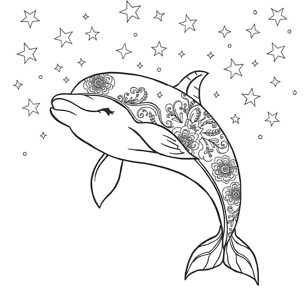 Dolphins a smiling dolphin under the night sky with stars — detailed dolphins coloring page (ages 9+ & adults)