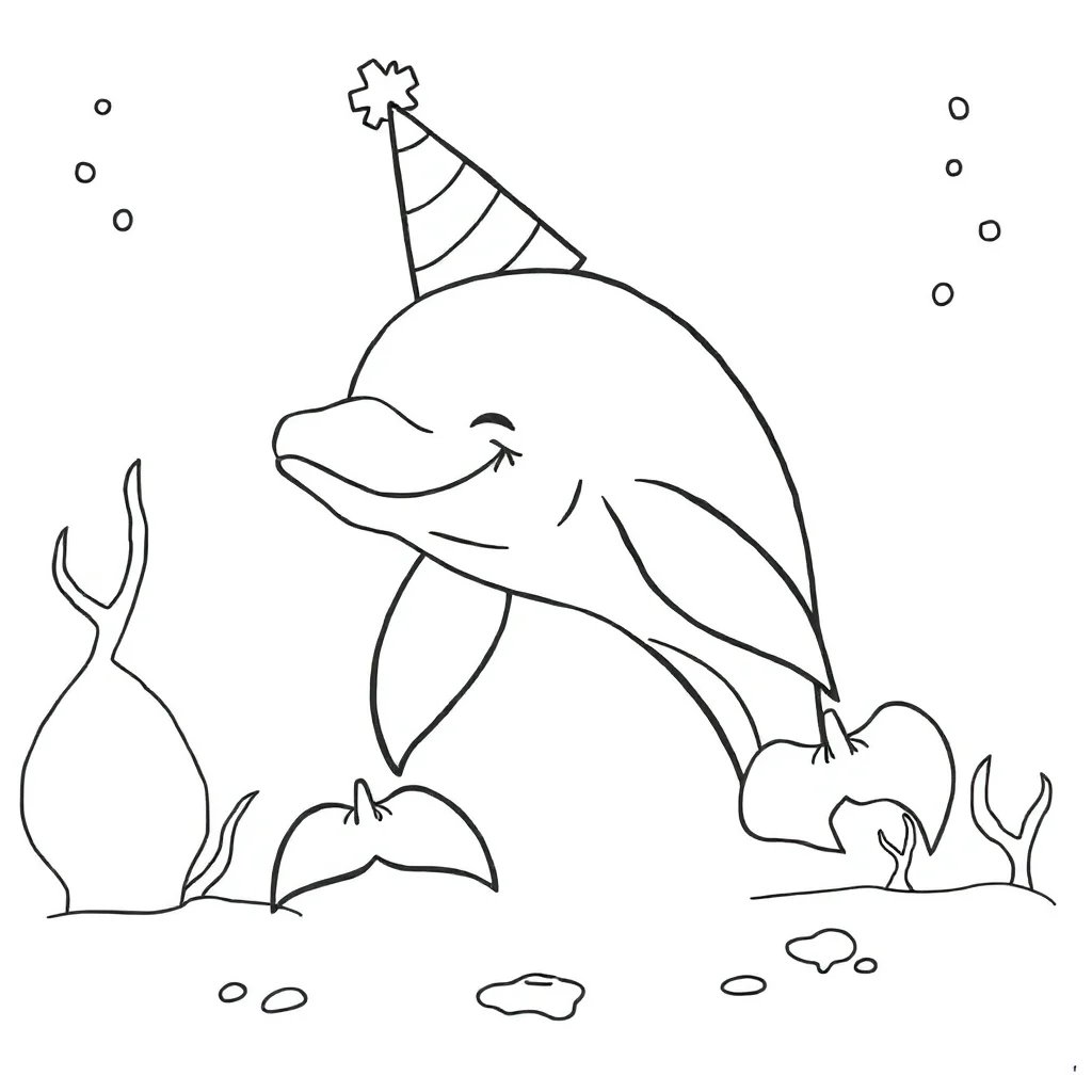 Dolphins a smiling dolphin wearing a party hat — classic dolphins coloring page (ages 5–10)