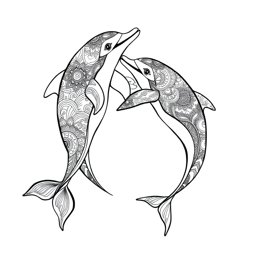 Dolphins two dolphins dancing — detailed dolphins coloring page (ages 9+ & adults)